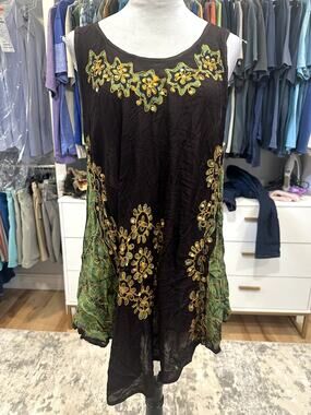 Sunflower Women's Sleevelss Tunic Dress Black Yellow Floral OS Semi Sheer